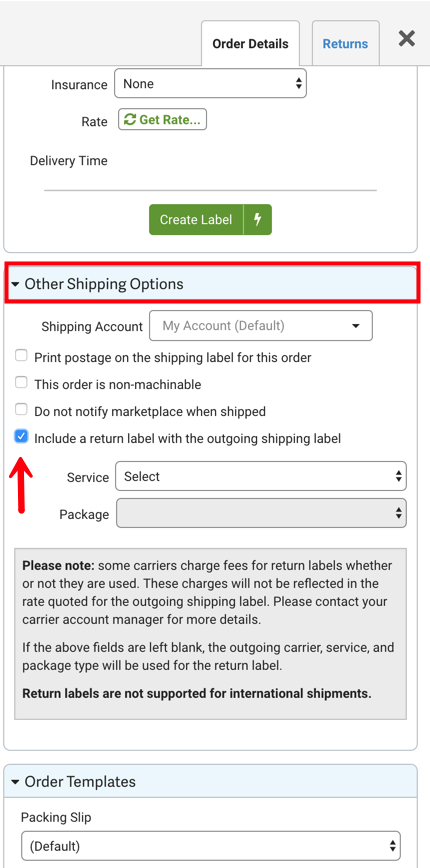 Red box highlights Other Shipping Options dropdown. Arrow to option: Include a return label with outgoing shipping label