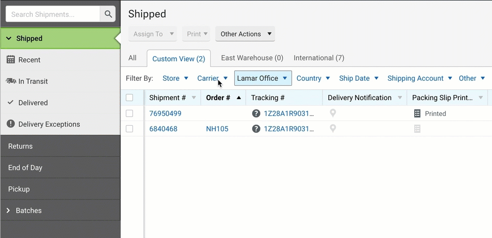 V3 Shipping tab, GIF illustrates applying the Carrier filter for UPS to shipments.