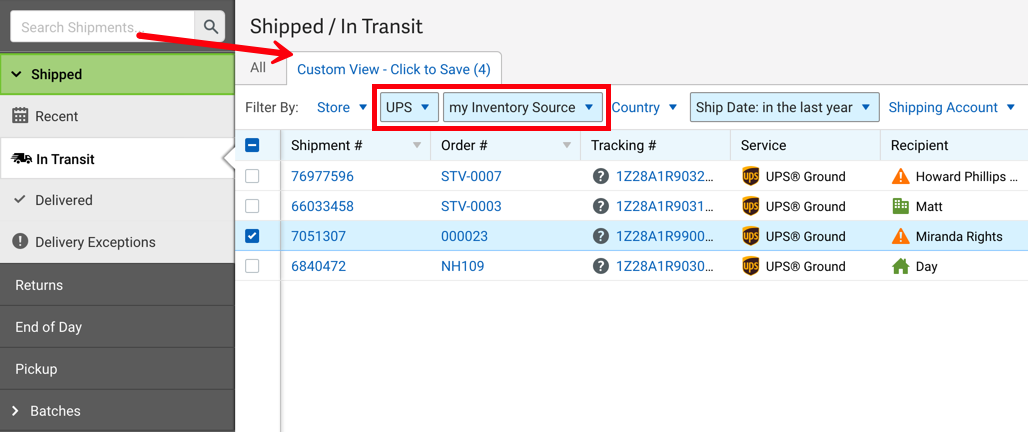 The Shipping grid is shown. Two filters are highlighted and an arrow points to the 'Custom View - Click to Save' tab. The tab name can be clicked to save the custom view.