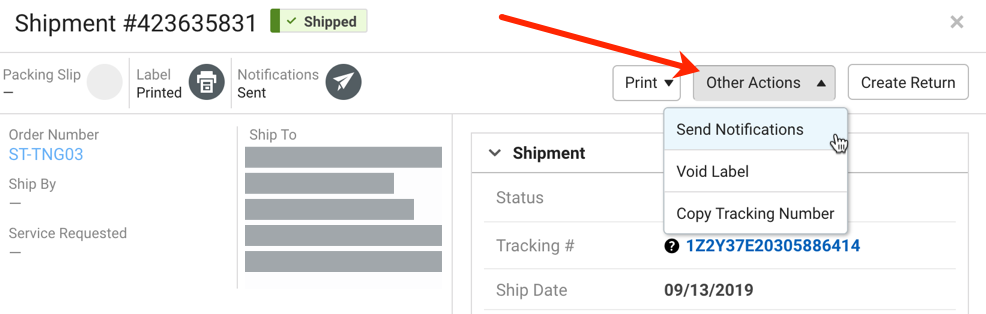 V3 shipment details Other Actions menu, Resend Notifications selected