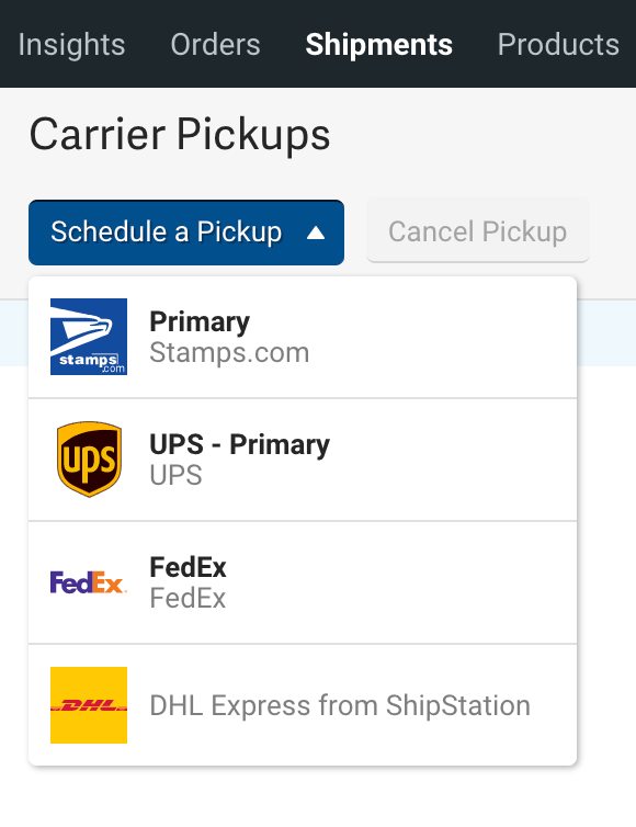 Schedule a pickup drop-down menu shows carrier pickup options