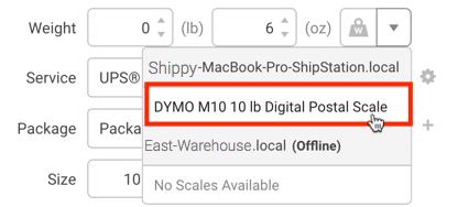 Opciones del menú desplegable Báscula del widget Configurar envío con la báscula DYMO resaltada