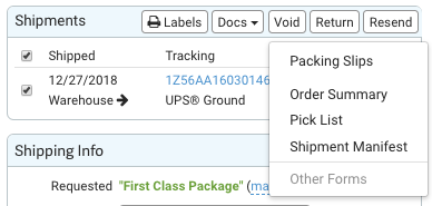 Shipment details Docs menu