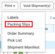 Print dropdown menu. Red box highlights Packing Slips option