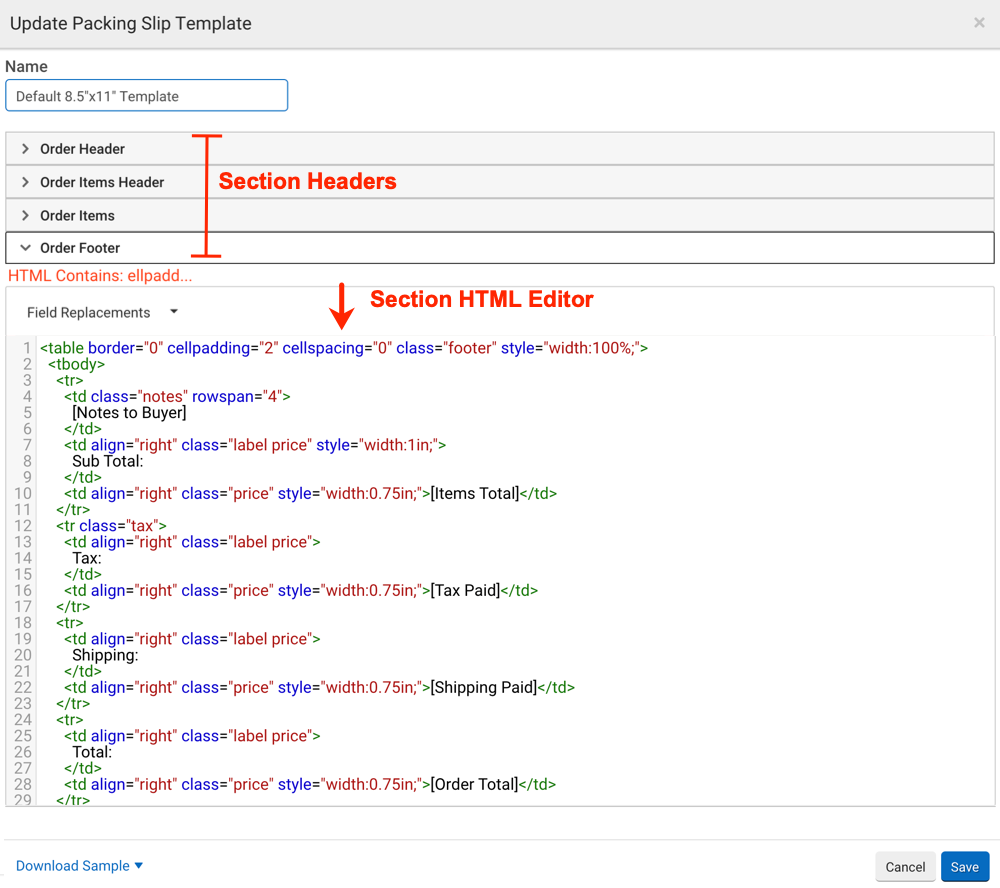 Editor de talones de empaque para talones de empaque predeterminados de 8.5 x 11: encabezados de sección y editor HTML con anotaciones.