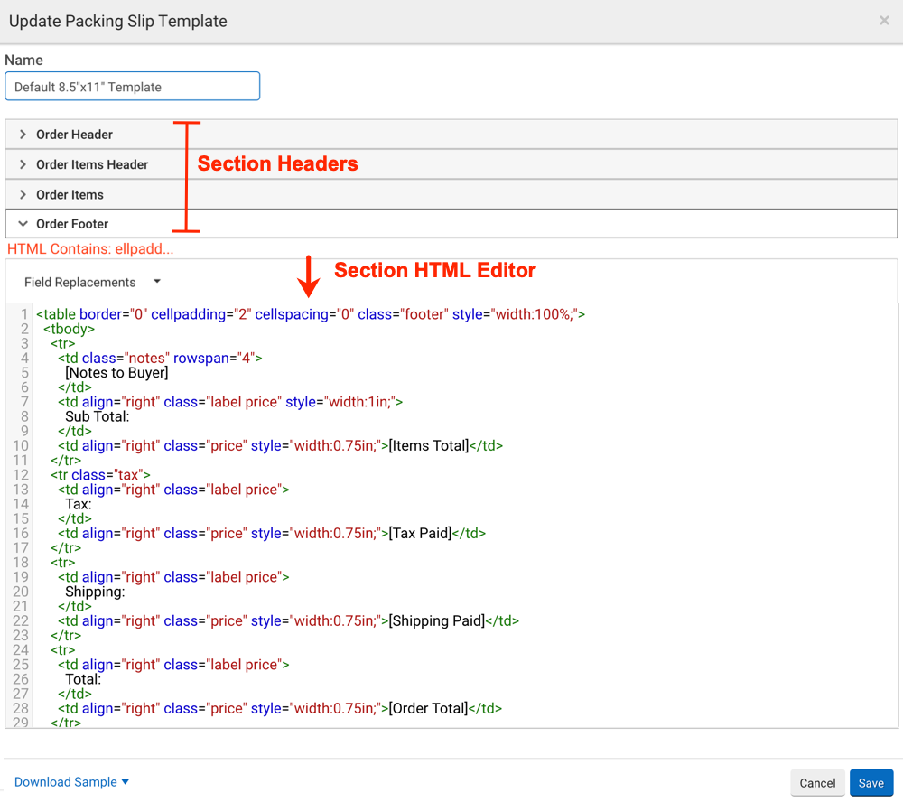 Packing Slip editor for 8.5 by 11 default packing slip: section headers and HTML editor annotated.