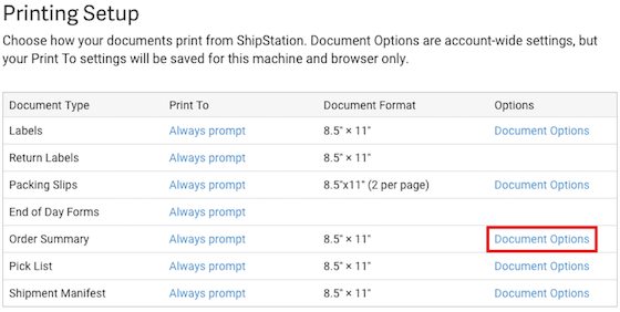 El modal Configuración de impresión muestra la acción Opciones de documento marcada para Resumen del pedido.