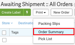 Orders tab. Print dropdown menu, red box highlights Order Summary option