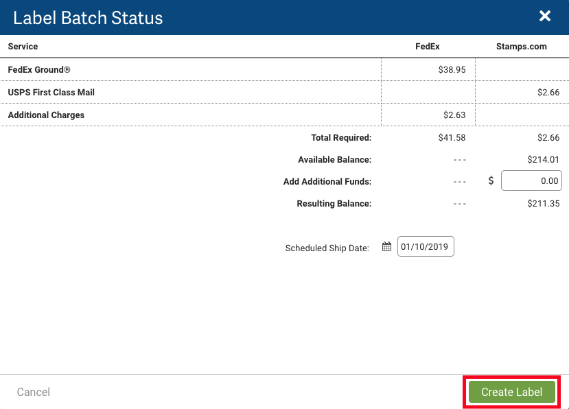 Label Batch Status popup. Red box highlights Create Label button