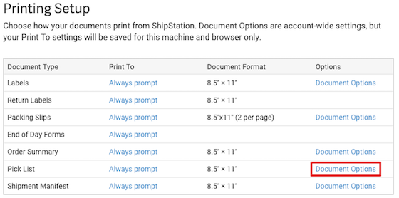 Modal de configuración de impresión que muestra la acción Opciones de documento seleccionada para Listas de selección