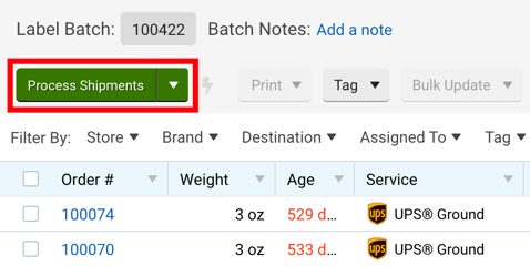 Process Shipments button highlighted in the Batches screen.