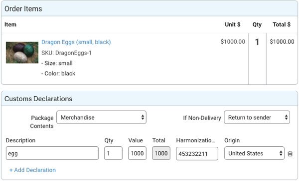 Customs Declarations fields: Package Contents, If Non-Delivery, Description, Quantity, Value, Total, Harmonization Code, & Origin Country