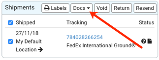 Shipments panel closeup. Red arrow points to Docs dropdown menu.