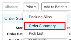 Print dropdown menu on Order Details page. Box shows Order Summary selected.