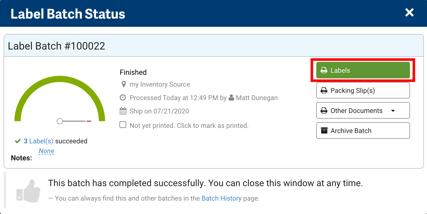 Label Batch Status popup. Red box highlights Print Labels button.