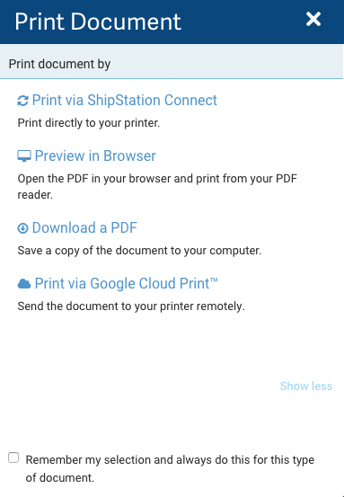 Ventana emergente Imprimir documento: las opciones del menú se imprimen a través de ShipStation Connect, Vista previa en el navegador, Descargar PDF e imprimir a través de Google Cloud Print.