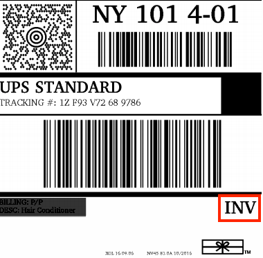 Etiqueta de muestra de UPS con la designación "INV" resaltada con un recuadro rojo.