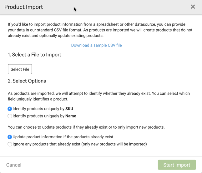 Ventana emergente de importación de producto. 1: Selecciona el botón Archivo. 2: opciones de botones de opción: identificar productos por SKU o nombre. Elige actualizar o importar solo productos
