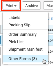 Print menu drop-down with the Other Forms option selected.
