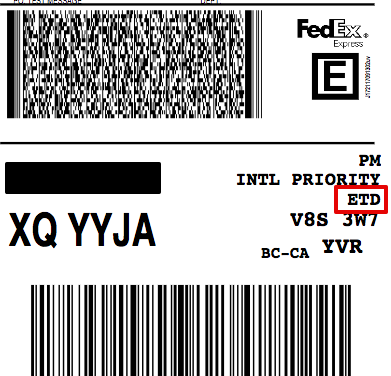 Etiqueta internacional de FedEx que destaca ETD para documentos comerciales electrónicos