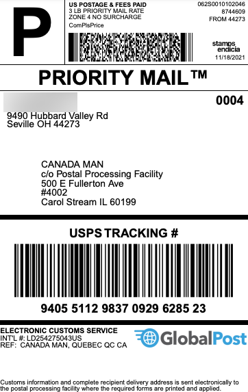 Una ejemplo de etiqueta de Priority Mail GAP de EE. UU. a Canadá