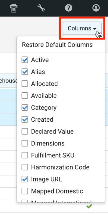 The Columns dropdown is marked and expanded.