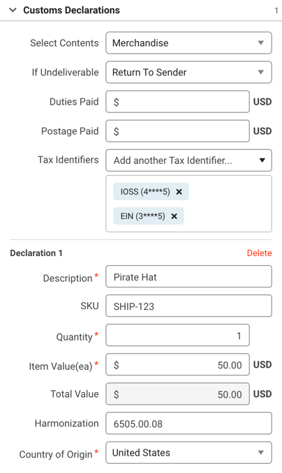 The Customs Declarations section in the order details screen.
