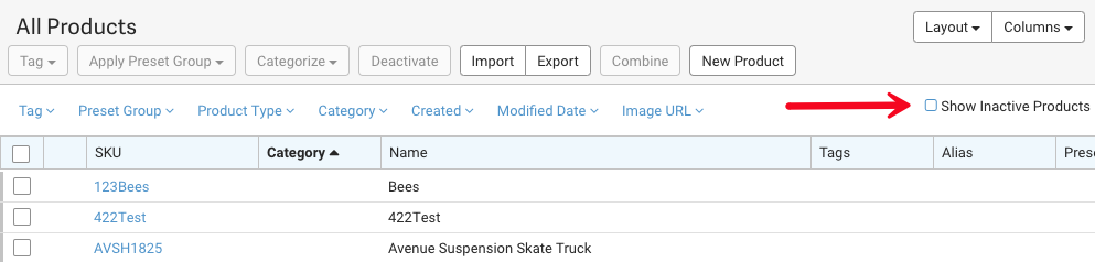 Product grid with arrow pointing to Show Inactive Products checkbox.