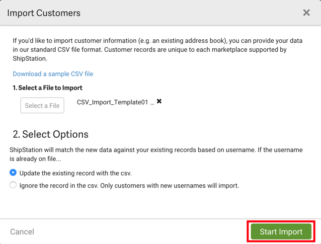 Ventana emergente V3 de Importar clientes con el botón Iniciar importación resaltado.