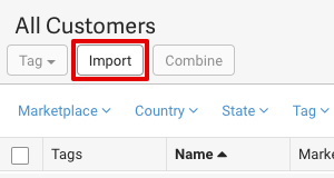 Customer action menu with Import button highlighted.