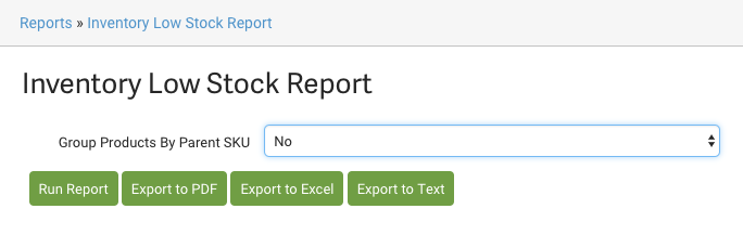 Inventory Low Stock Report download menu.