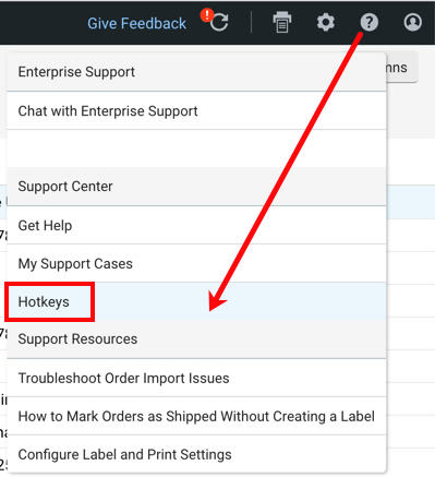 Dropdown-Menü für Support (Fragezeichen). Ein rotes Kästchen markiert die Option Hotkeys.