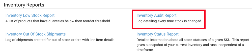 Inventory reports with Inventory Audit report highlighted.