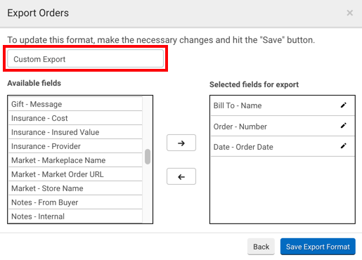 The Export Order popup shows Custom Export marked.