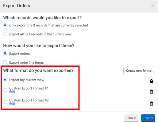Ventana emergente de exportación de pedidos. El cuadro rojo resalta las opciones del botón de opción para: ¿Qué formato deseas exportar?
