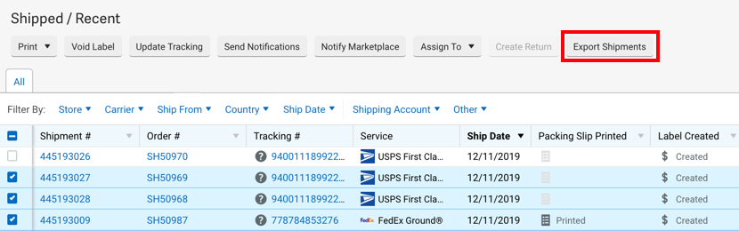 Shipments grid shows selected shipments. Box highlights the Export Shipments button in the Action bar.