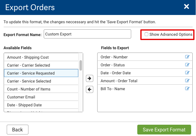 Export Orders pop-up. Red box highlights Show Advanced Options checkbox