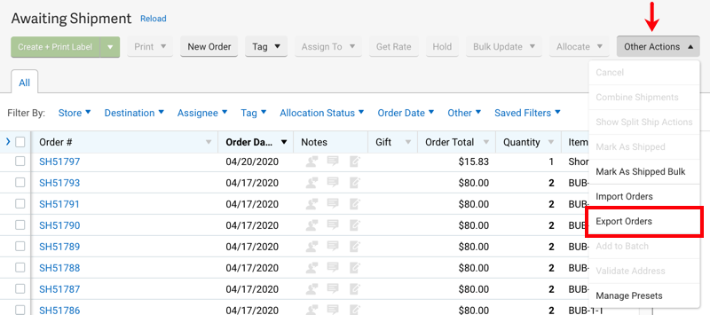 Other Actions dropdown menu. Box highlights Export Orders option