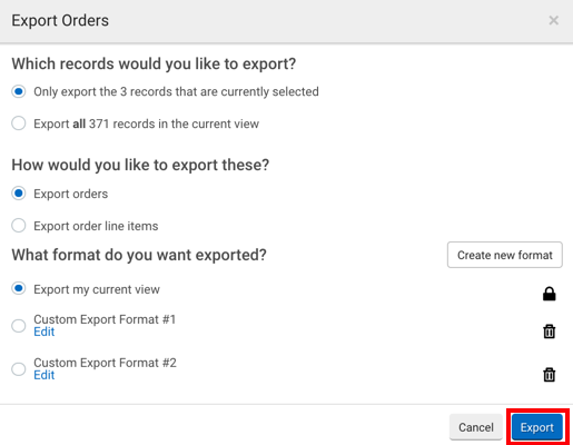 Ventana emergente de exportación de pedidos. El recuadro rojo resalta el botón de acción Exportar.