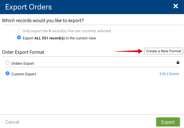 Export Orders pop-up. Red arrow points to Create a New Format button