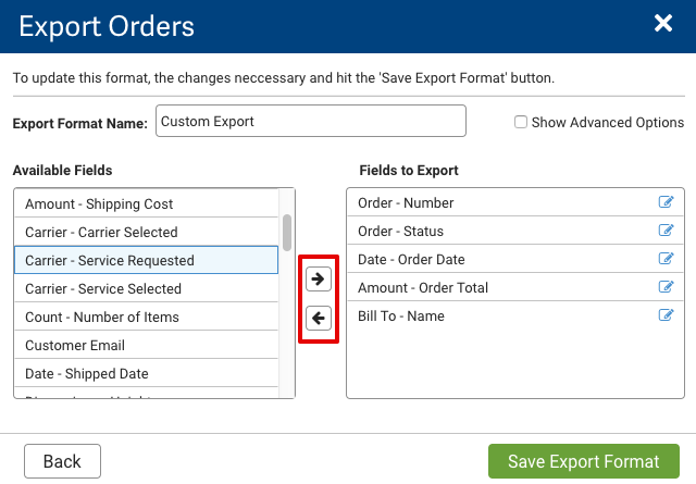 Red box highlights left- and right-facing arrows to move selections between Available Fields & Fields to Export listings.