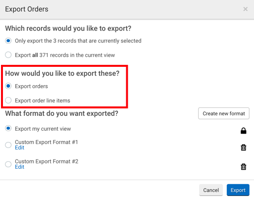 Ventana emergente de exportación de pedidos. El cuadro rojo resalta las opciones del botón de opción para: ¿Cómo deseas exportarlos?
