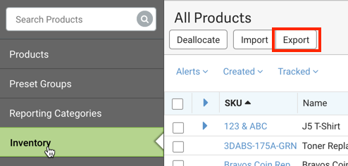V3 Product Inventory menu with Export button highlighted.