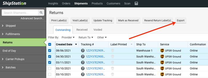 The Returns section of the Shipments screen with arrow pointing to Export button