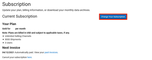 Current Subscription section of Subscription settings with Change Your Subscription button highlighted