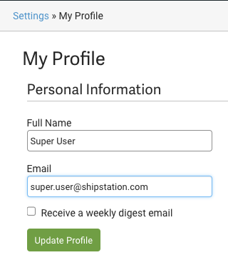 Configuraciones, Cuenta: página Mi perfil. Campos para nombre y correo electrónico, casilla de verificación para recibir un correo electrónico de resumen semanal.
