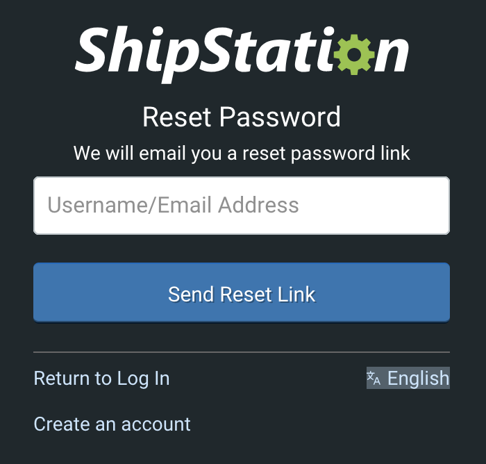 ShipStation Reset Password request screen.