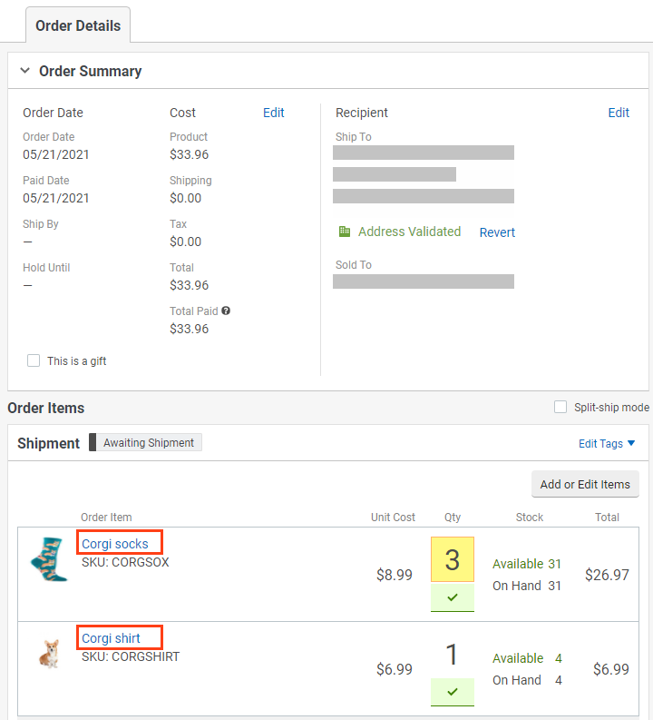 Détails de la commande. Les noms de produits sont encadrés en rouge pour mettre en évidence les hyperliens qui renvoient aux détails des produits