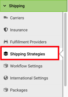 Settings sidebar with Shipping section open and Shipping Strategies section highlighted.
