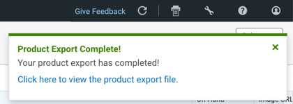 Notificación emergente de exportación completa del producto, con el enlace Exportar archivo en la parte inferior.